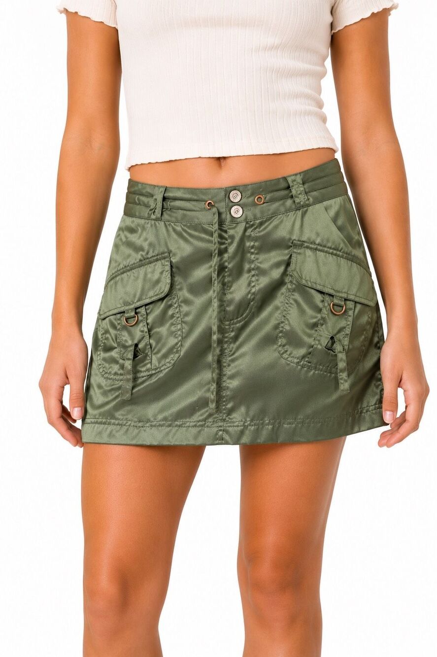 Limited Too Girls Nylon Cargo Mini Skirt Size 14 Olive Utility Y2K